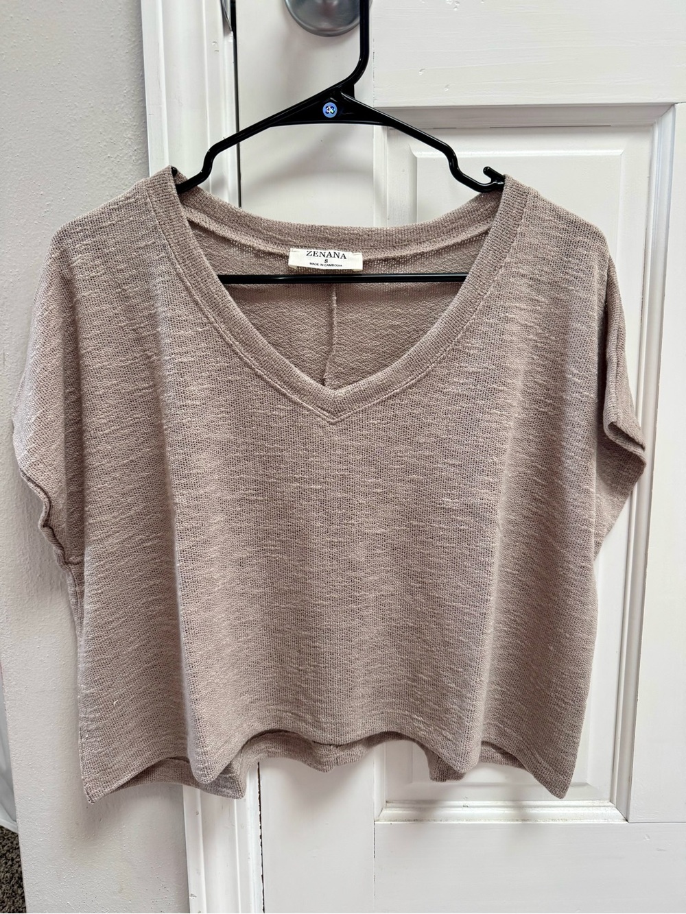 Zenana Light Mocha V-Neck Short Sleeve Knit Top